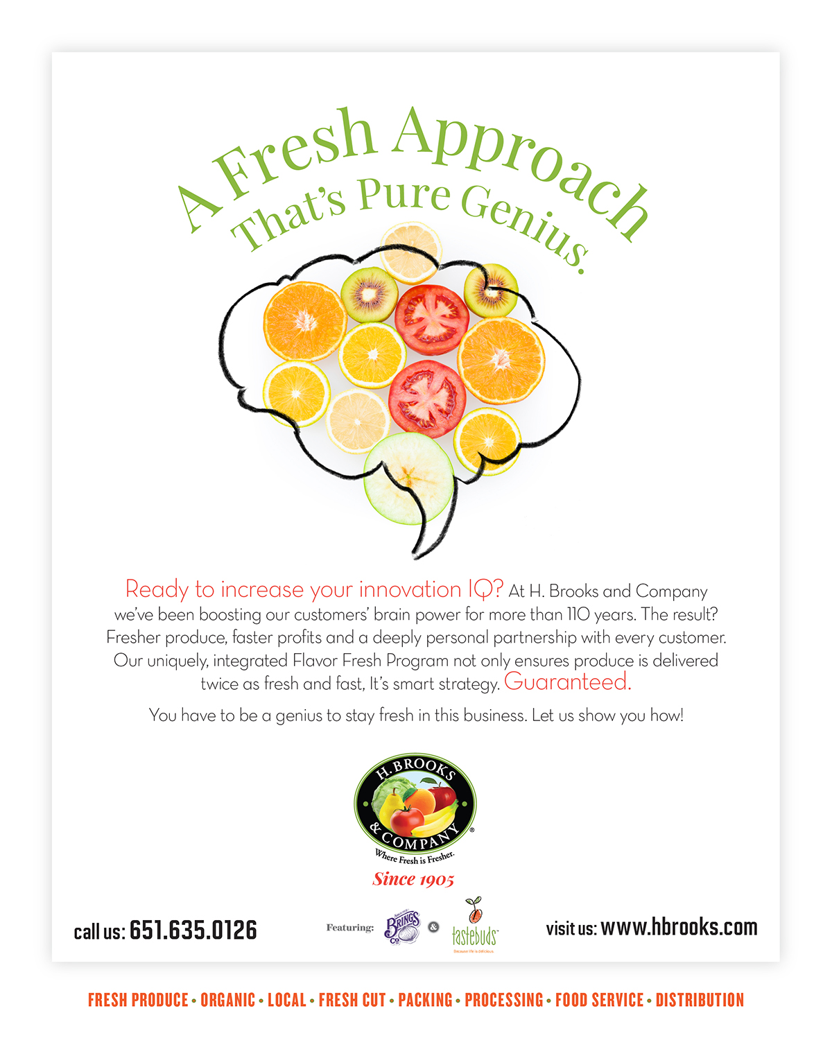 H. Brooks & Company ad campaign hero image showing frsh produce paired with a whimsical line drawing