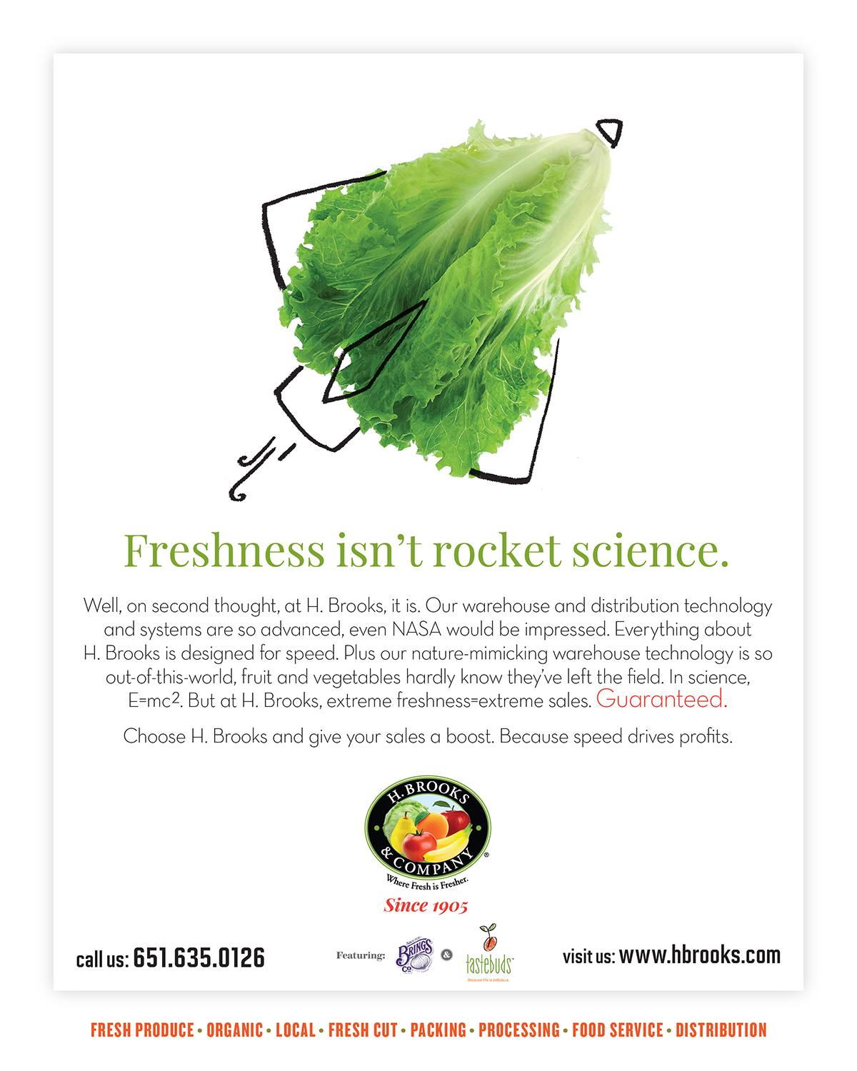 H. Brooks & Company ad campaign hero image showing frsh produce paired with a whimsical line drawing