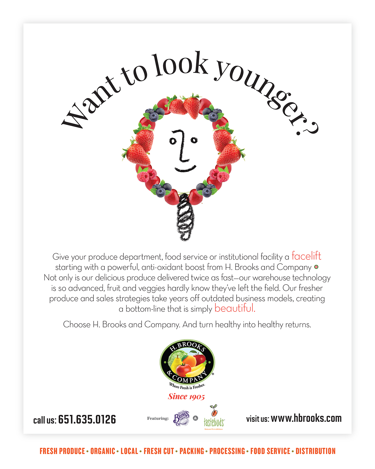 H. Brooks & Company ad campaign hero image showing frsh produce paired with a whimsical line drawing