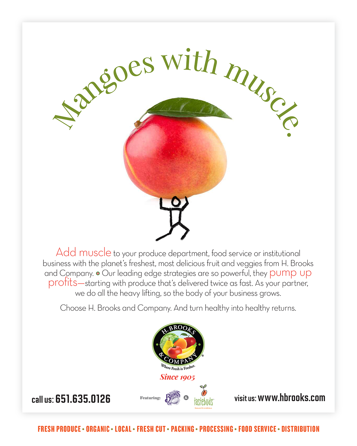 H. Brooks & Company ad campaign hero image showing frsh produce paired with a whimsical line drawing