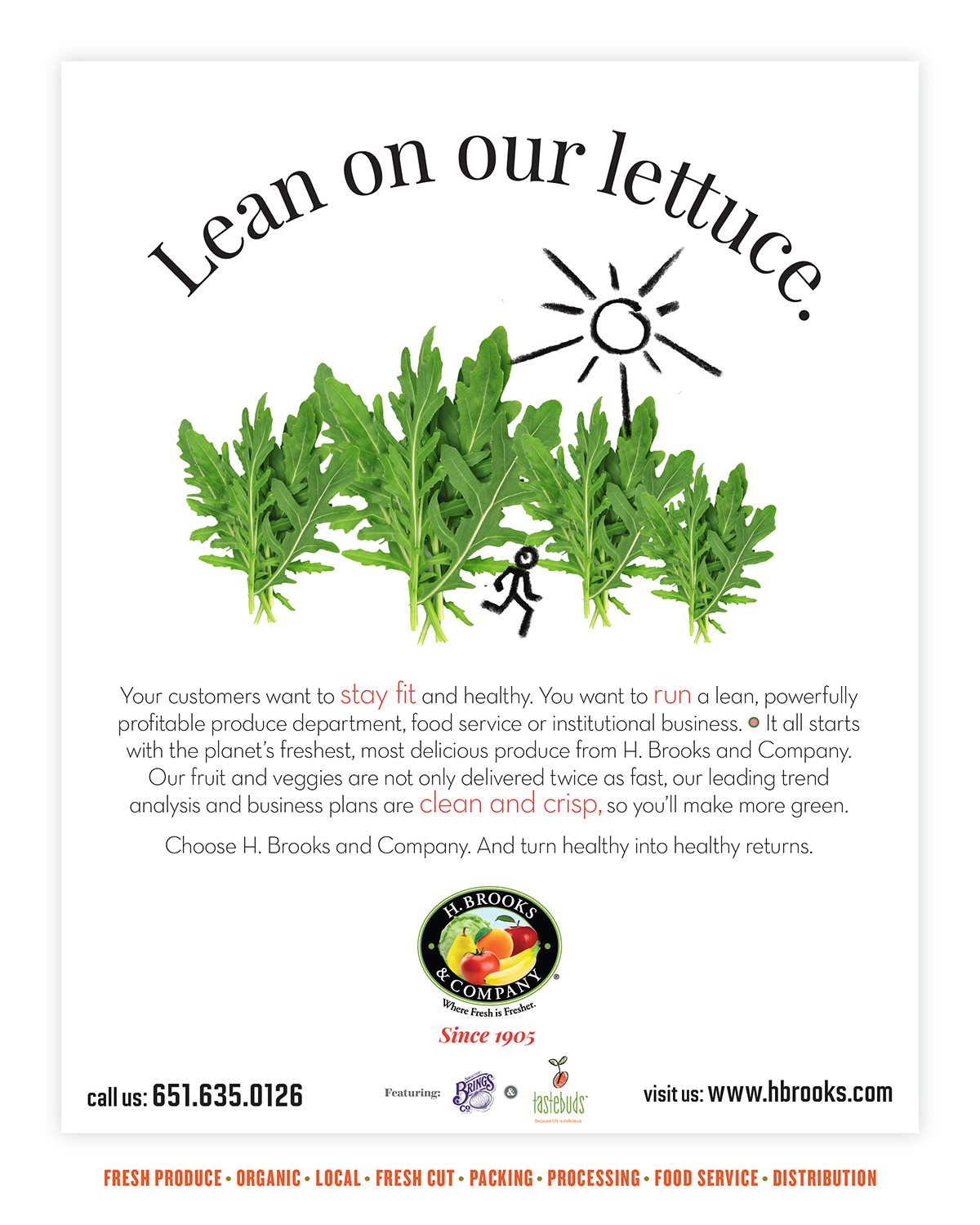 H. Brooks & Company ad campaign hero image showing frsh produce paired with a whimsical line drawing