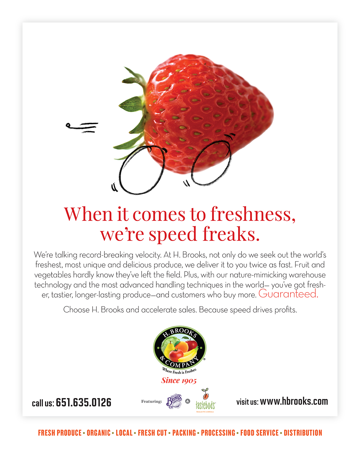 H. Brooks & Company ad campaign hero image showing frsh produce paired with a whimsical line drawing